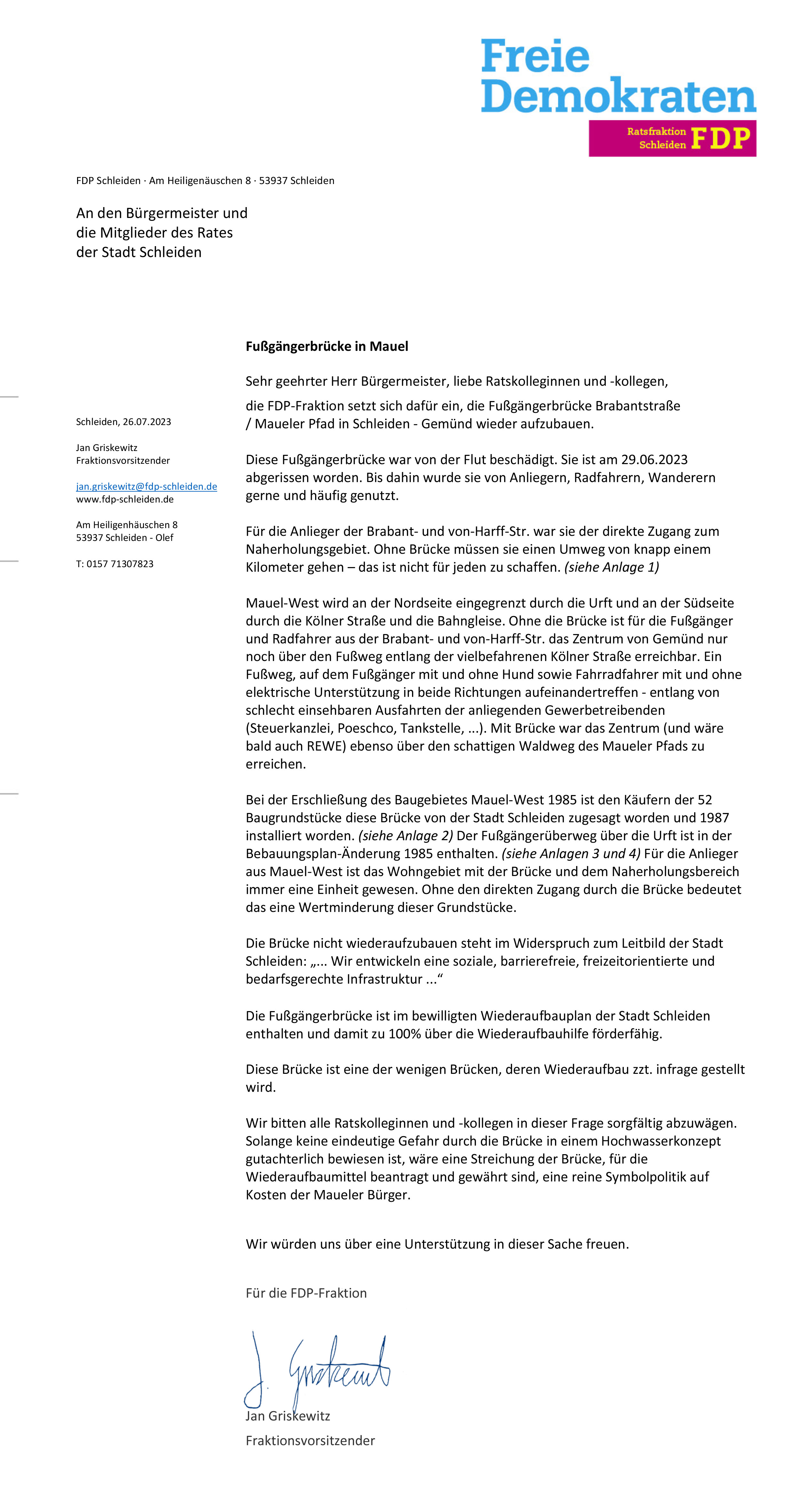 Schreiben der FDP Schleiden an den Bürgermeister und die Mitglieder des Rates der Stadt Schleiden